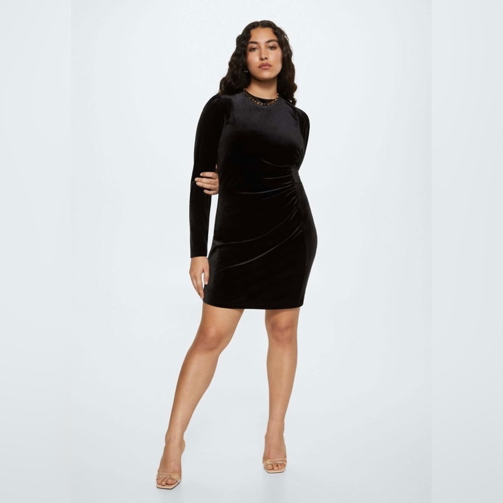 MANGO Ruched Long Sleeve Velvet Dress, Black, Size 22